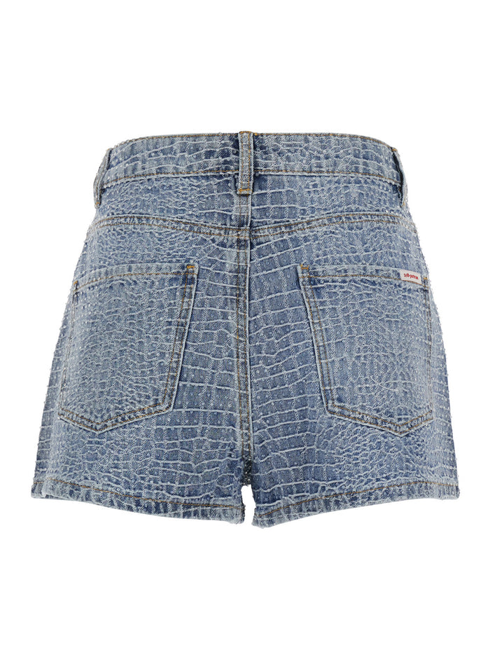 Shorts Rhinestone Croc Effect Blue Denim With Strass Details - Cotton Women Blu And Bermuda