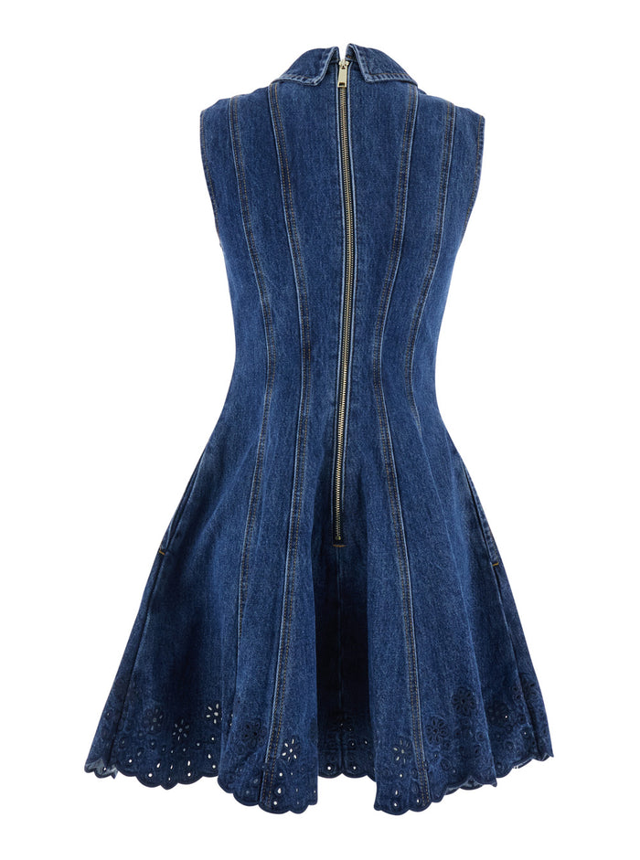 Blue Mini Dress With Classic Collar And Embroidery Denim For Women Blu