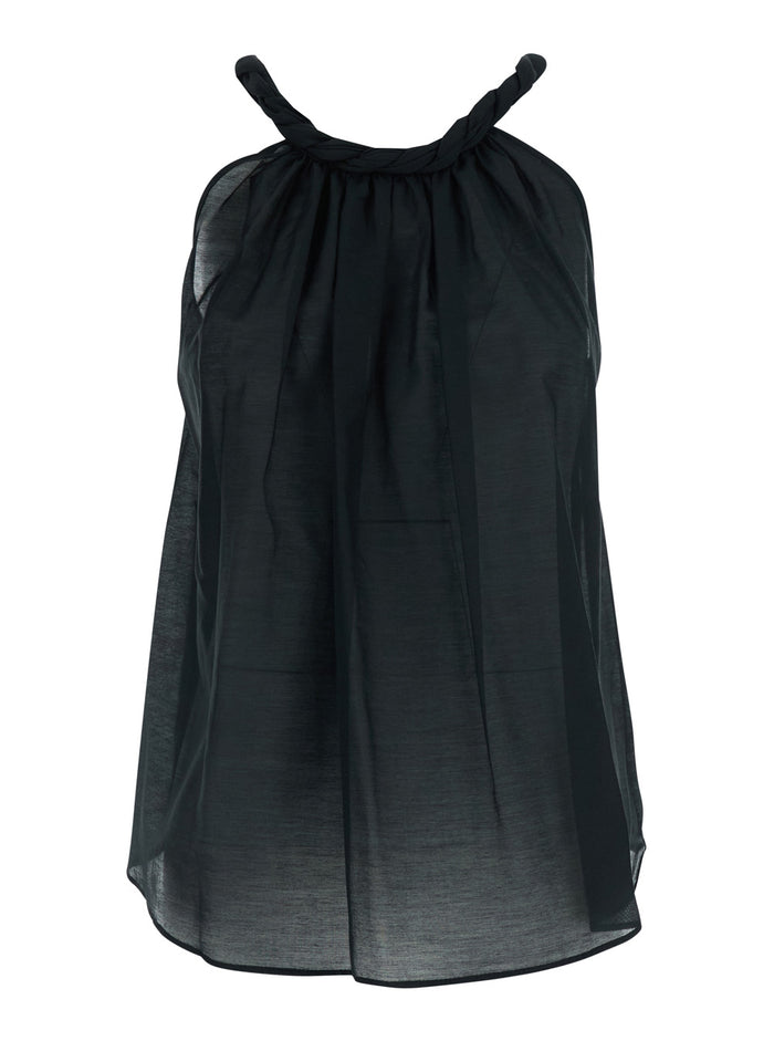 Cotton Muslin Braided Detail Top - Black With Details And Silk Women Tops