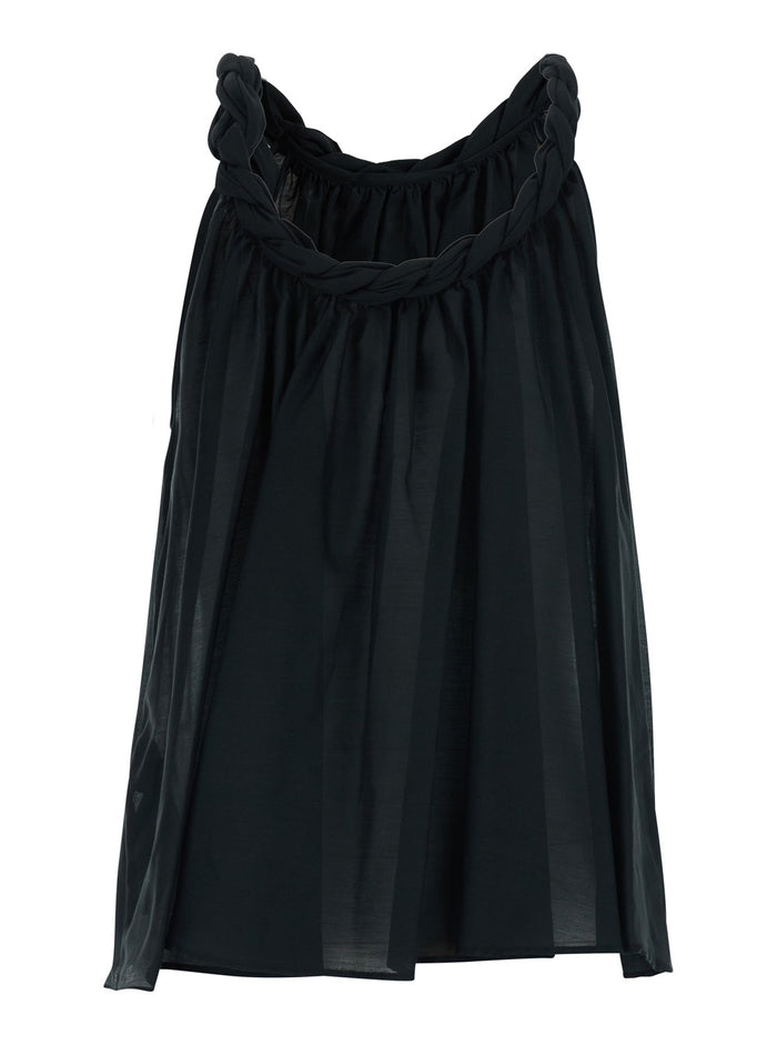 Cotton Muslin Braided Detail Top - Black With Details And Silk Women Tops