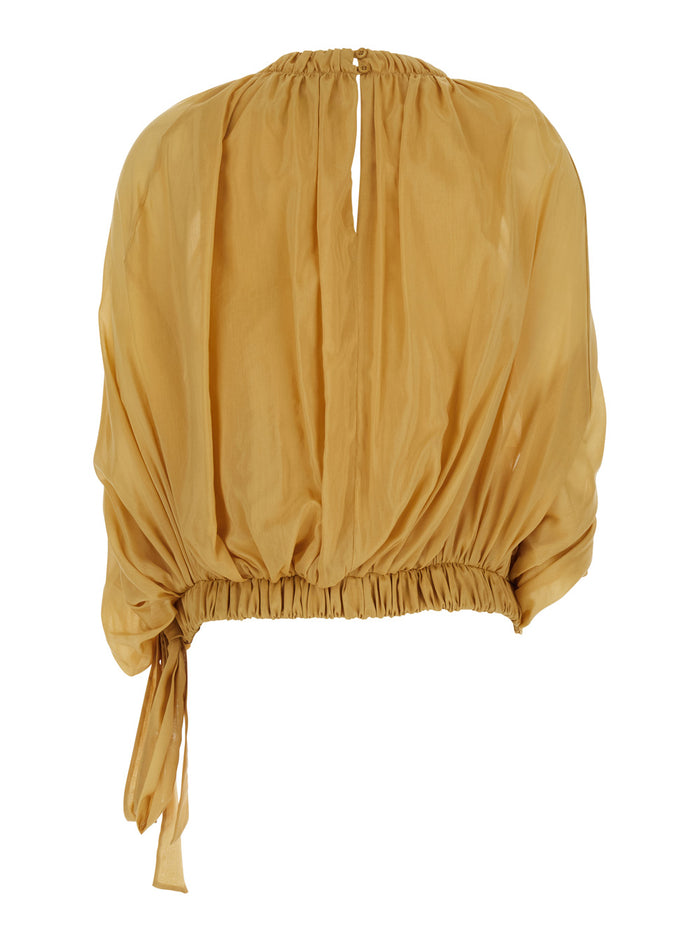 Cotton Muslin Top Yellow With V-Neck And Short Sleeves Silk For Women Tops