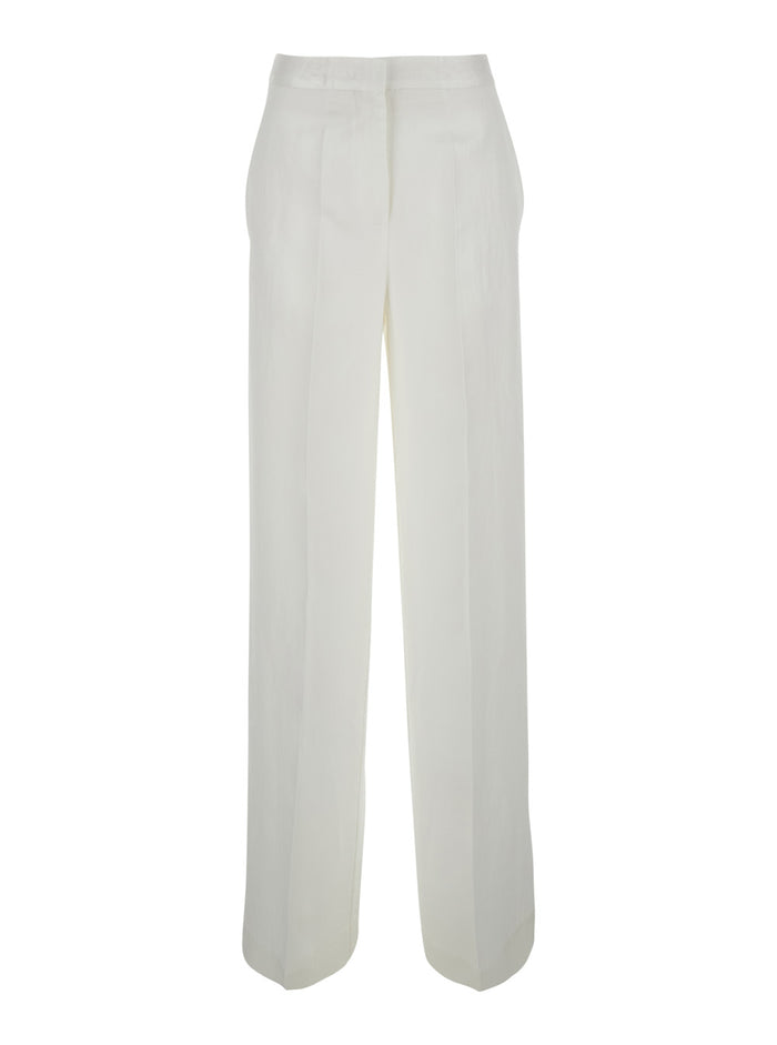 Viscose Linen Pants With Elastic Waist And Side Pockets White For Women Trousers