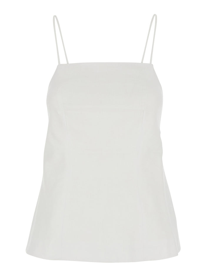Linen Top With Short Sleeves And Round Neckline, White, Women Tops
