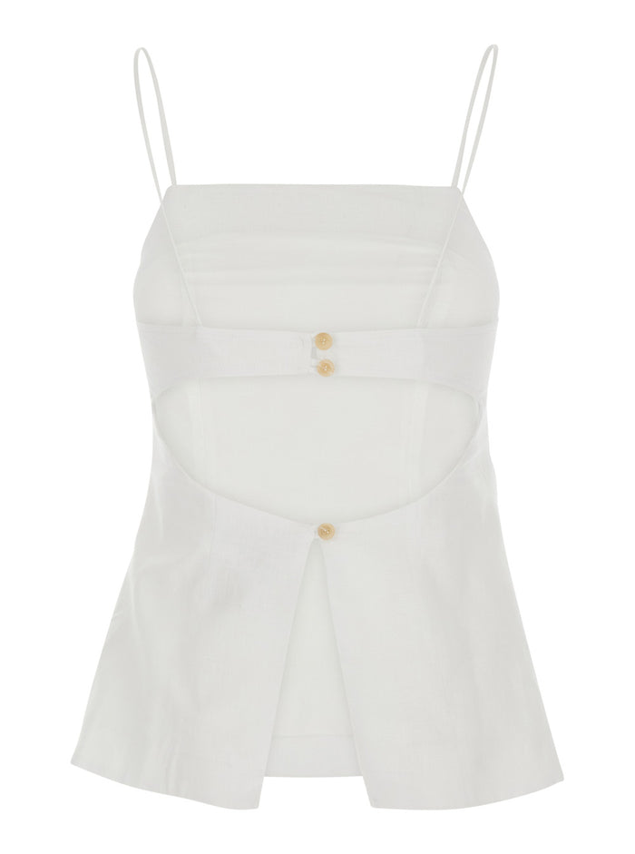Linen Top With Short Sleeves And Round Neckline, White, Women Tops