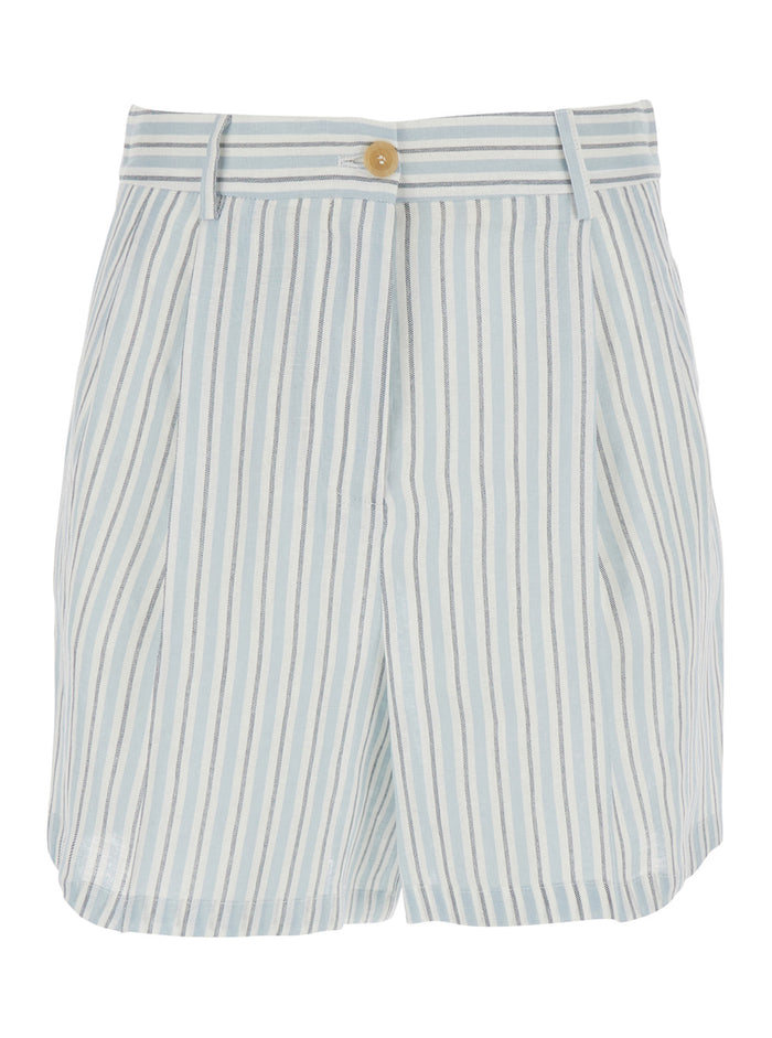 Striped Linen Shorts With Pockets And High Waist, Multicolor, Women Bermuda
