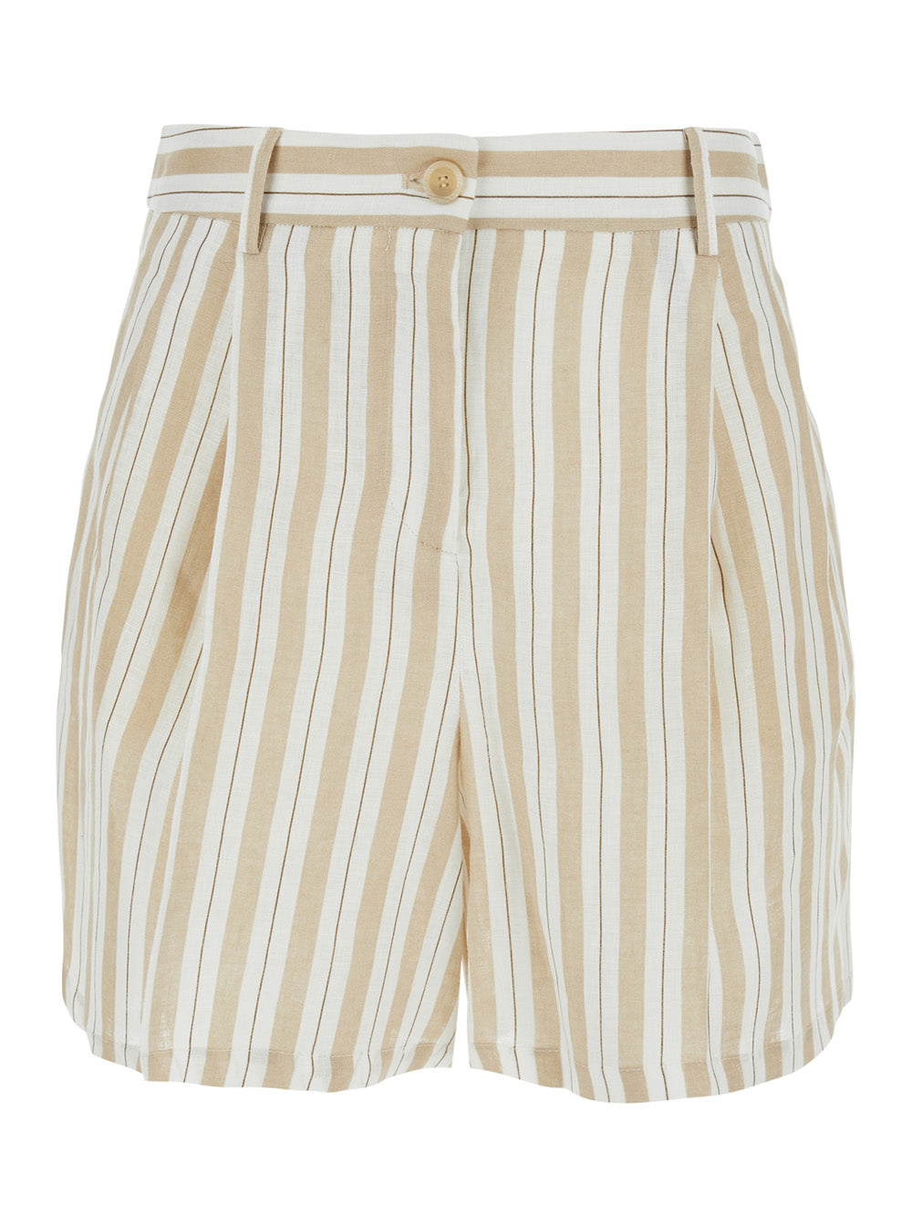 Linen Striped Shorts - Beige Elasticated Waist Women And Bermuda