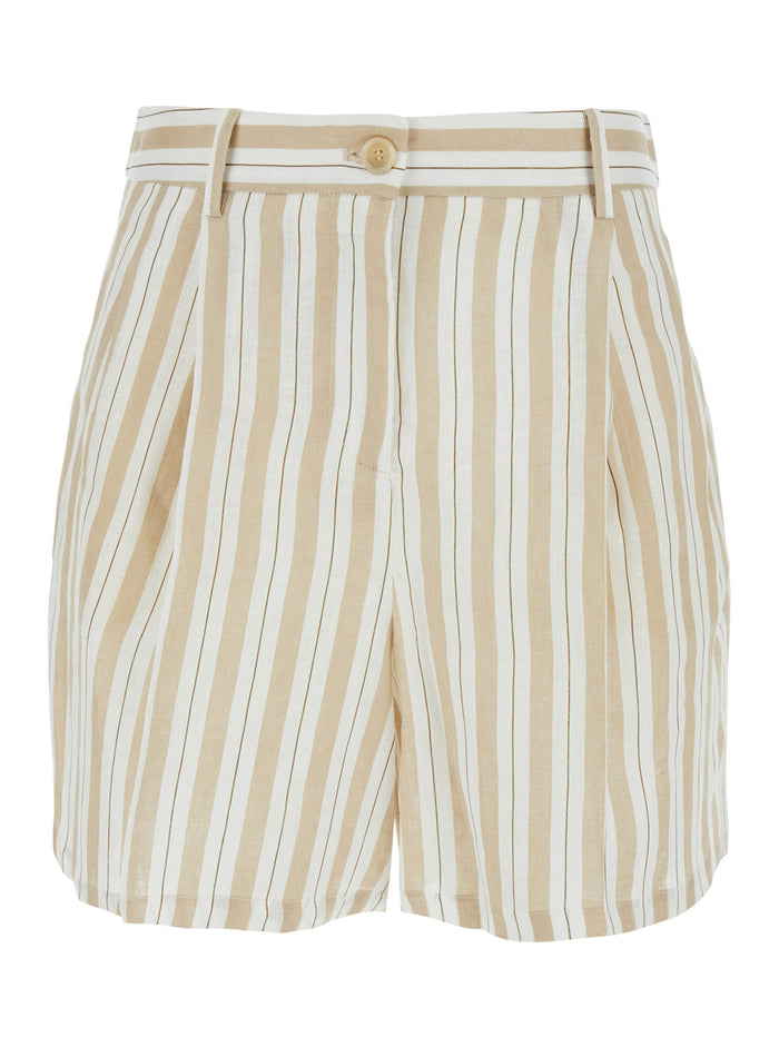 Linen Striped Shorts - Beige Elasticated Waist Women And Bermuda