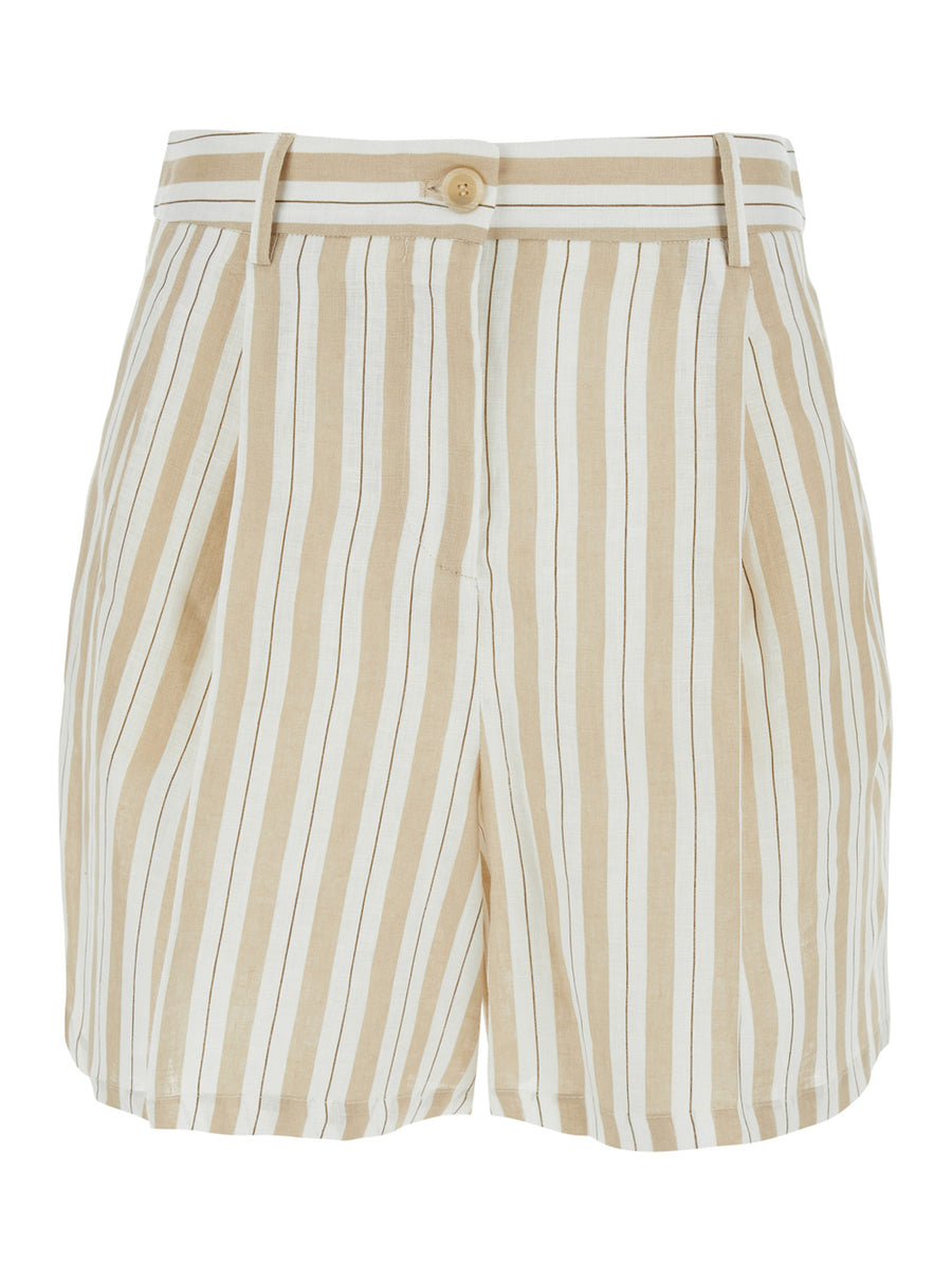 Shorts Striped Linen Beige
