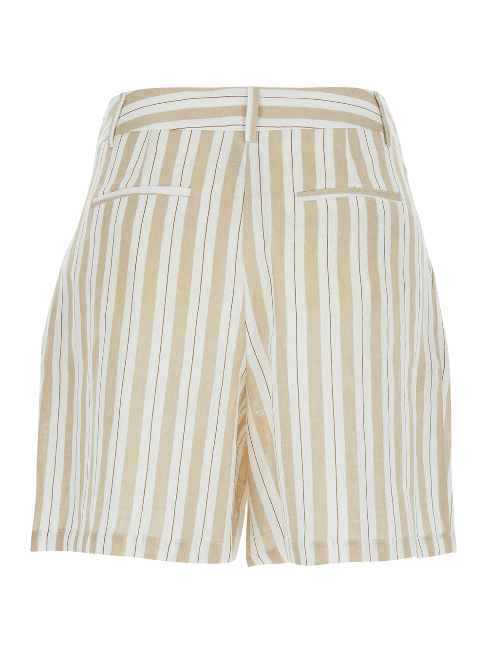 Linen Striped Shorts - Beige Elasticated Waist Women And Bermuda