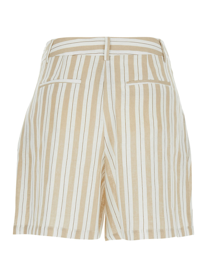 Linen Striped Shorts - Beige Elasticated Waist Women And Bermuda