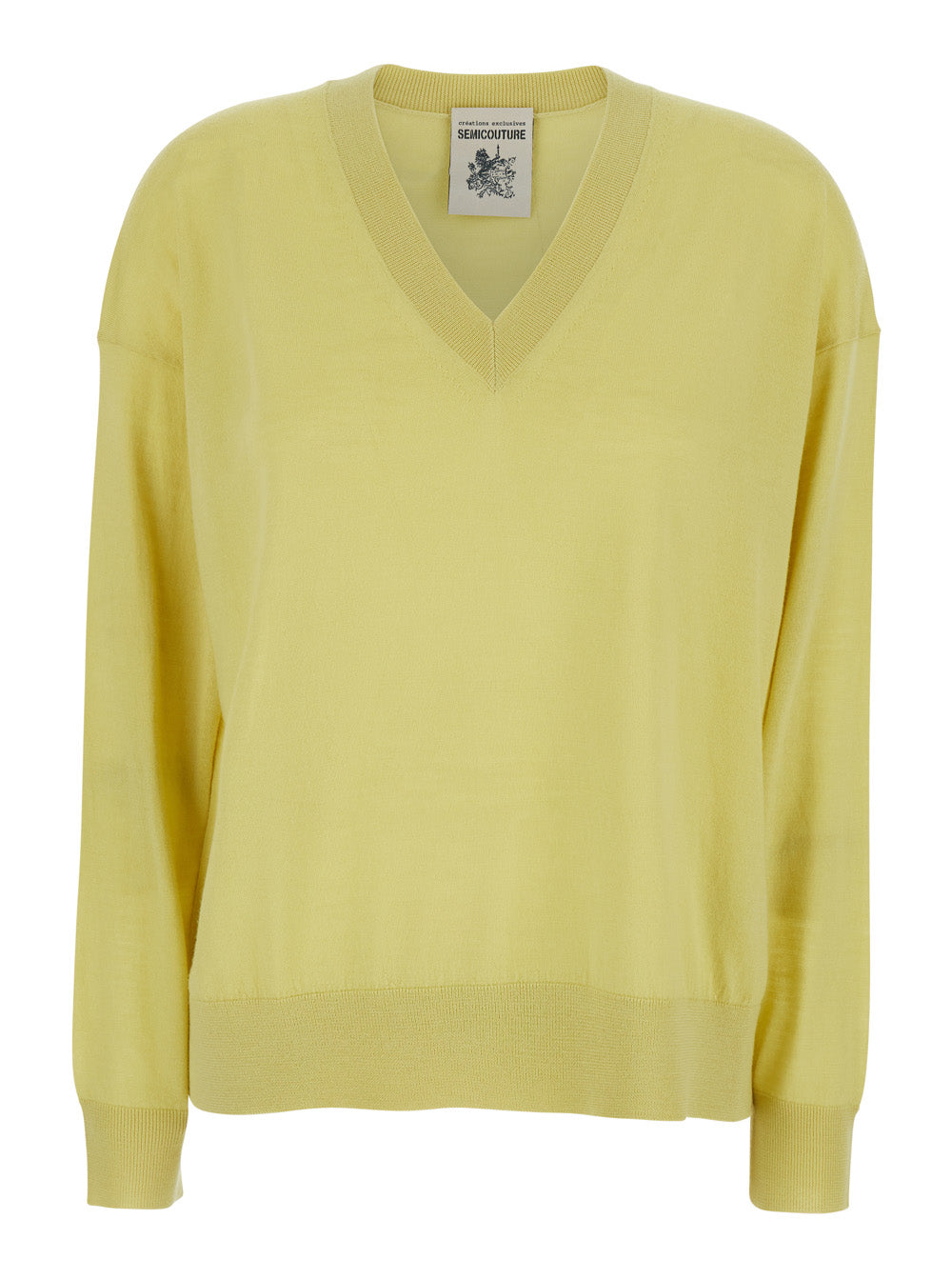 Yellow Sweater with V-Neck and Dropped Shoulders in Womens Wool Virgin Jersey
