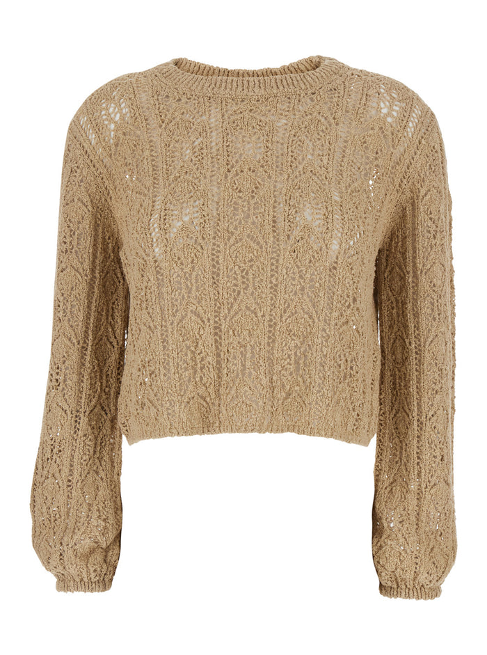 Beige Crop Crewneck Sweater with Elastic Hem and Perforated Design for Women Cotton Polyamide Jersey