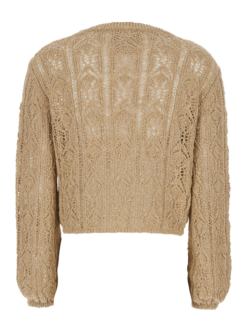 Beige Crop Crewneck Sweater with Elastic Hem and Perforated Design for Women Cotton Polyamide Jersey