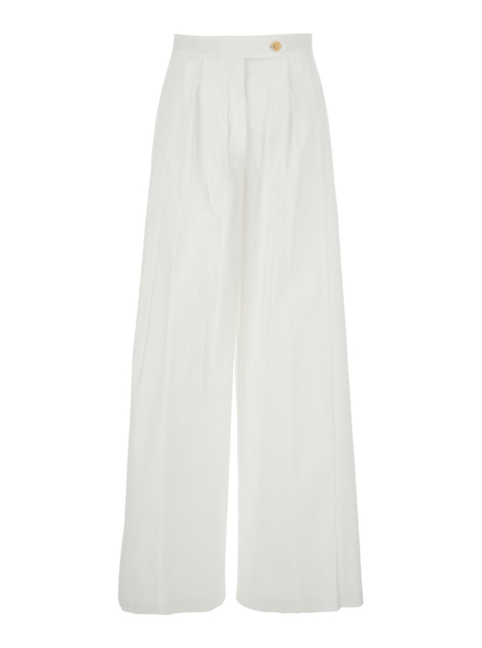 Buddy Pants with Button and Zip Closure at the Front in White Stretch Cotton for Women Elastane Trousers