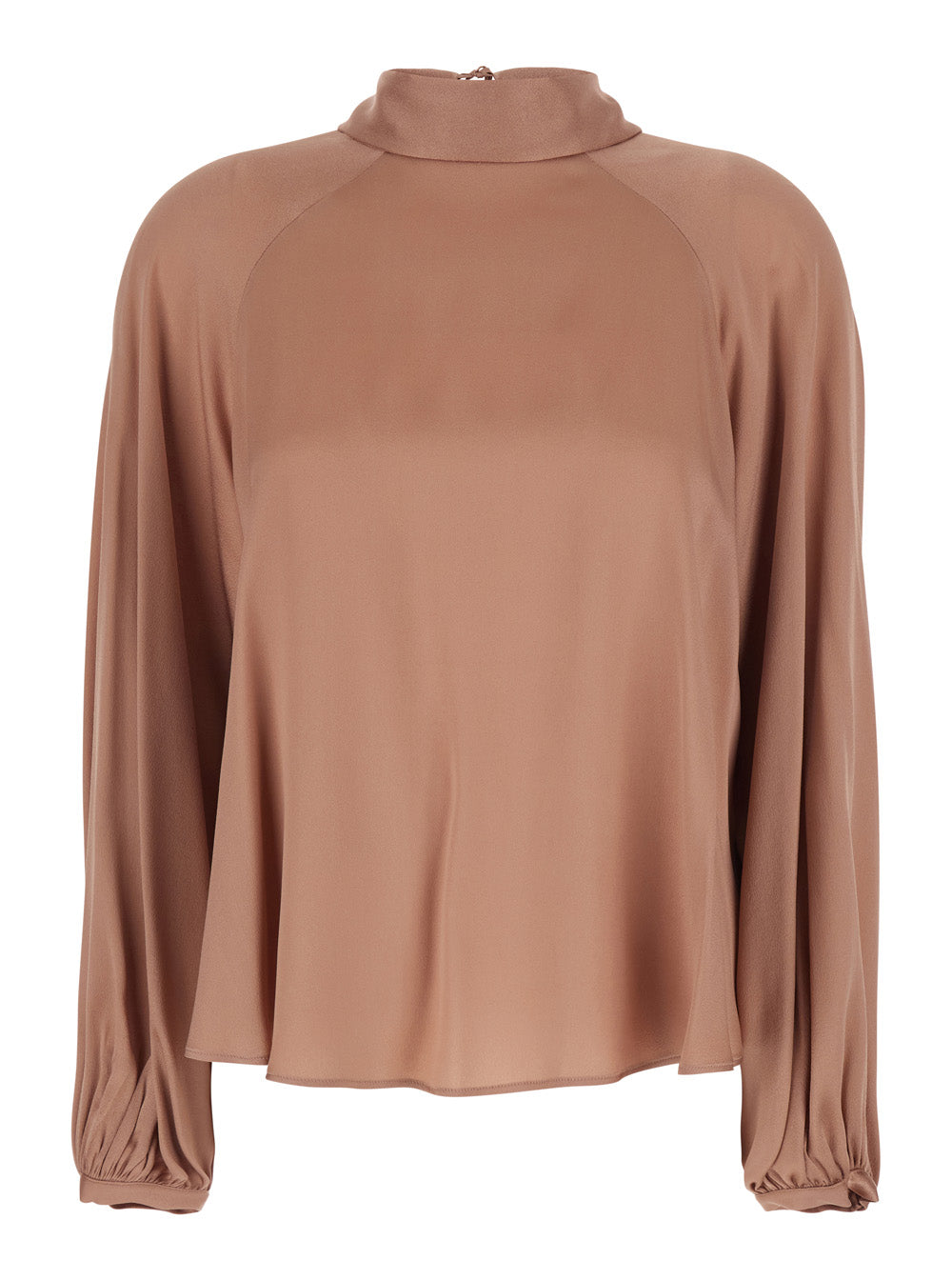 Round Neck Blouse with V-Neck at the Back and Bow Closure in Silk Blend Pink Women Acetate Shirts Blouses