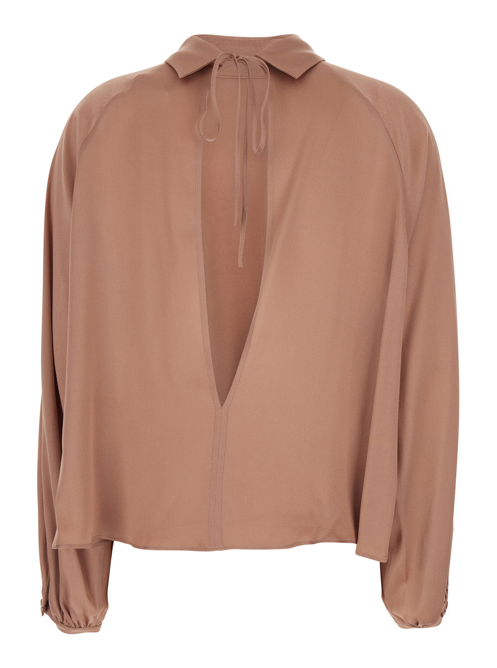 Round Neck Blouse with V-Neck at the Back and Bow Closure in Silk Blend Pink Women Acetate Shirts Blouses