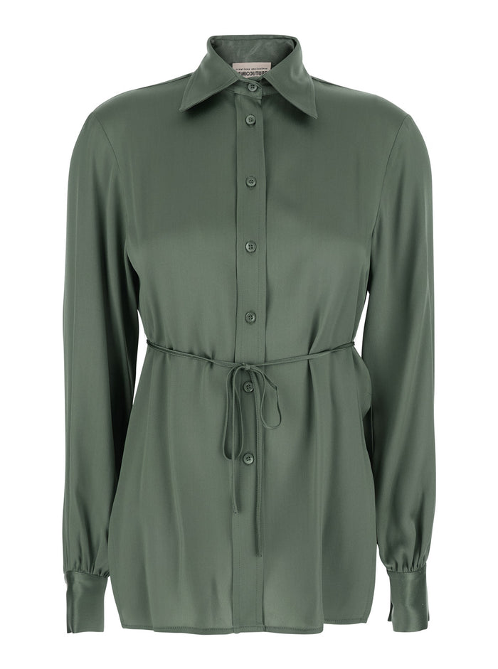Green Shirt with Classic Collar and Bow Belt on the Front in Silk Blend for Women Acetate Blouses