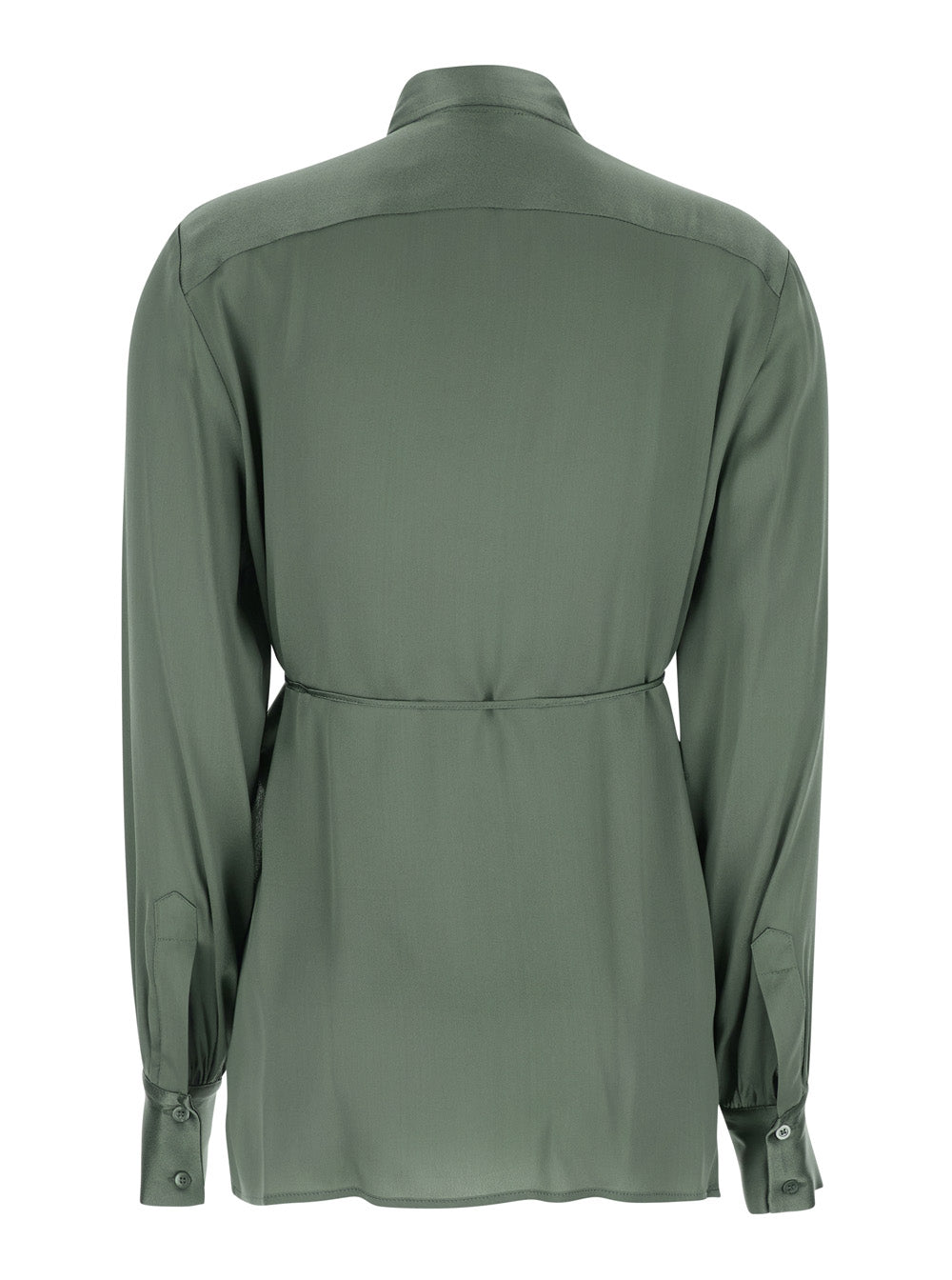 Green Shirt with Classic Collar and Bow Belt on the Front in Silk Blend for Women Acetate Blouses