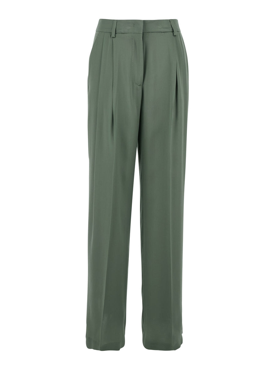 Pants With Front Pleats, Green Silk-Blend Acetate Trousers