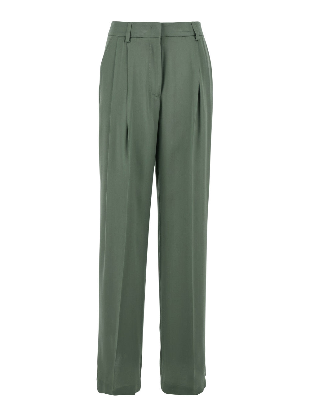 Pants with Front Pleats and Hidden Closure in Green Silk Blend for Women Acetate Trousers