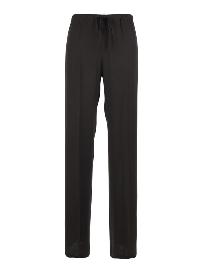 Brown Silk Blend Pants with Elastic Waist and Drawstring for Women Acetate Trousers