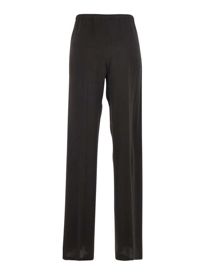 Brown Silk Blend Pants with Elastic Waist and Drawstring for Women Acetate Trousers