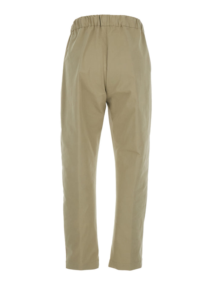 Beige Cotton Pants with Elastic Waist and Drawstring for Women Trousers