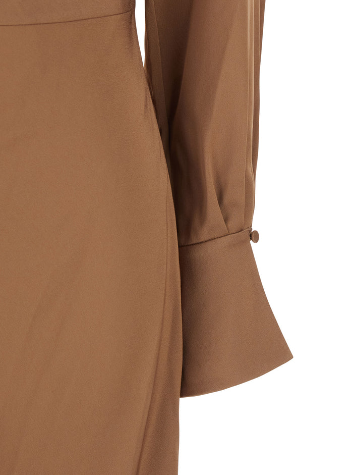 Long Dress Adelle with Draped Neckline and Wide Cuffs Tech Fabric Brown Women Acetate Polyester