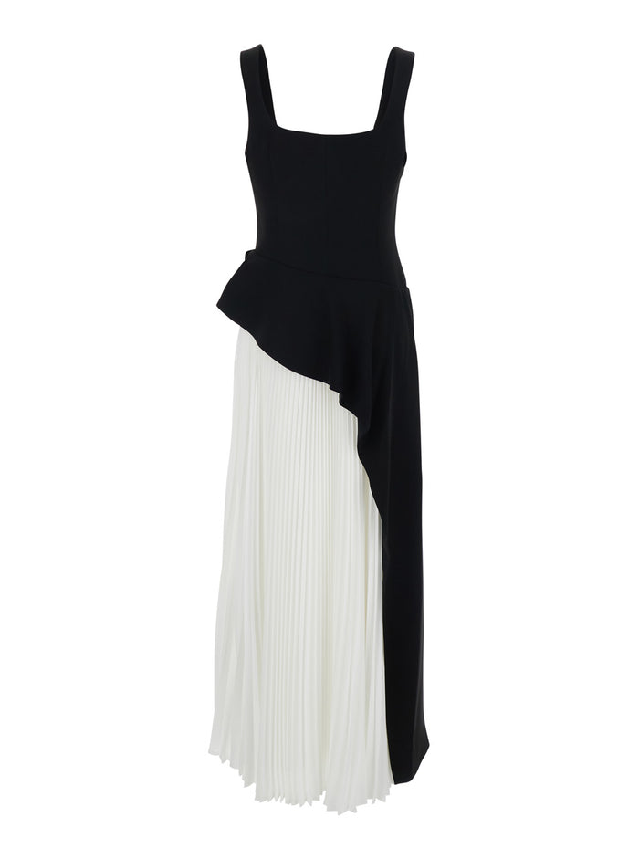 Dress Zayla with Square Neckline and Pleated Skirt in Black White Tech Fabric for Women White/black Long