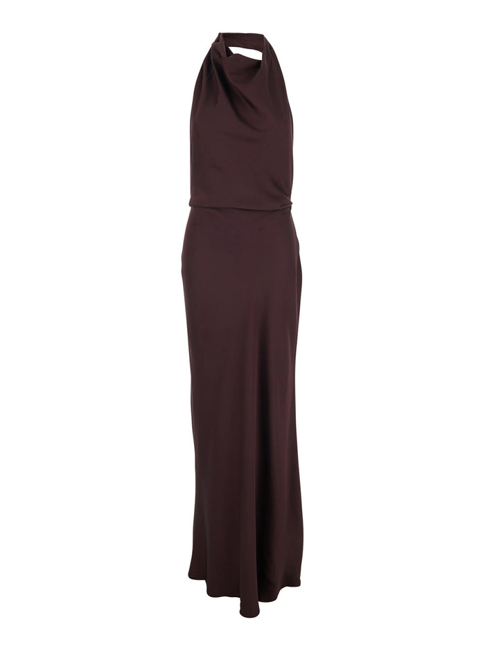 Long Dress Reanon with American Neckline and Open Back in Tech Fabric Brown Women Acetate Polyester