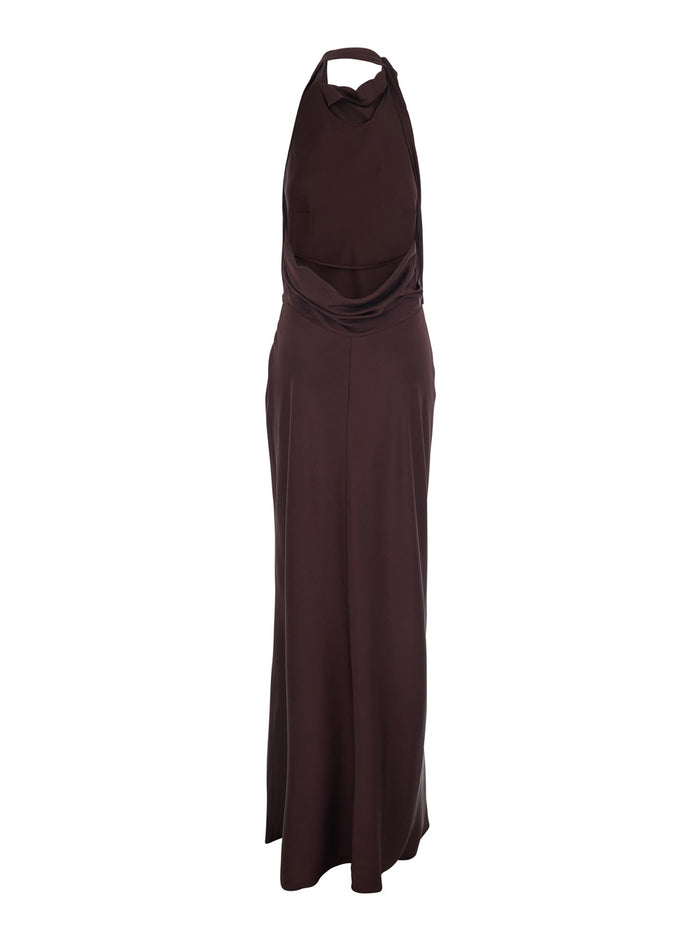 Long Dress Reanon with American Neckline and Open Back in Tech Fabric Brown Women Acetate Polyester