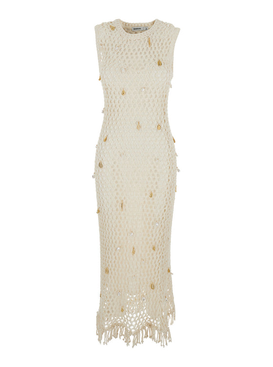 Dress Midi CORALIA KNIT CHARMED White with Cotton and Nylon Mesh Details for Women Long