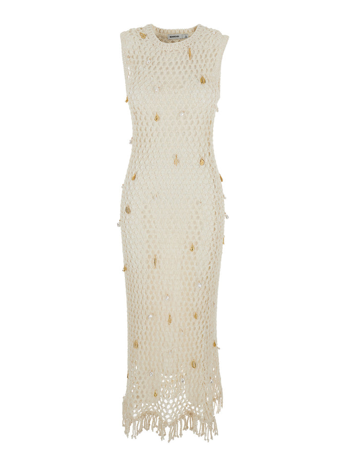 Dress Midi CORALIA KNIT CHARMED White with Cotton and Nylon Mesh Details for Women Long
