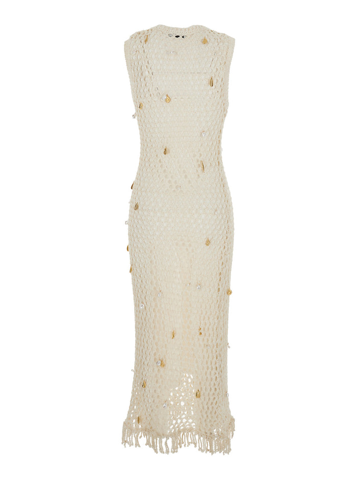 Dress Midi CORALIA KNIT CHARMED White with Cotton and Nylon Mesh Details for Women Long
