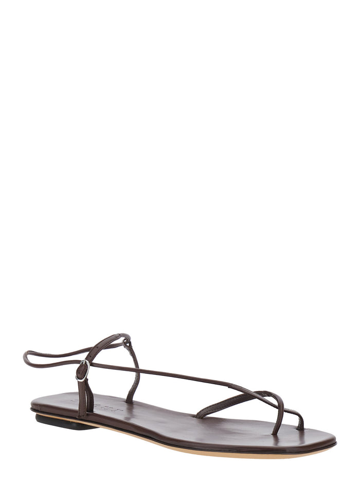 Brown Leather Sandals with Logo Imprinted on Insole for Women Cow Flat Shoes