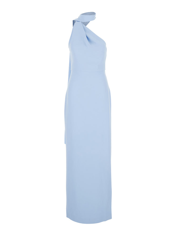 Demi Dress with One-Shoulder Design and Back Vent in Blue Fabric for Women Light Polyester Long