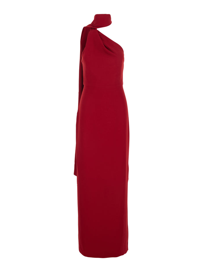 Long Dress Demi with One-Shoulder Design and Back Vent in Red Fabric for Women Polyester
