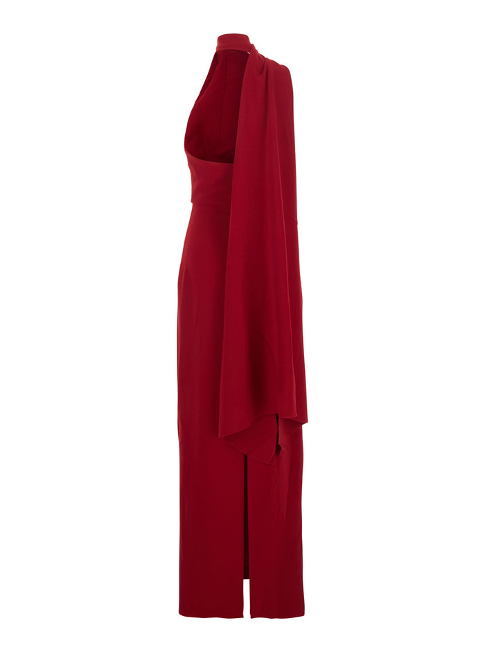 Long Dress Demi with One-Shoulder Design and Back Vent in Red Fabric for Women Polyester