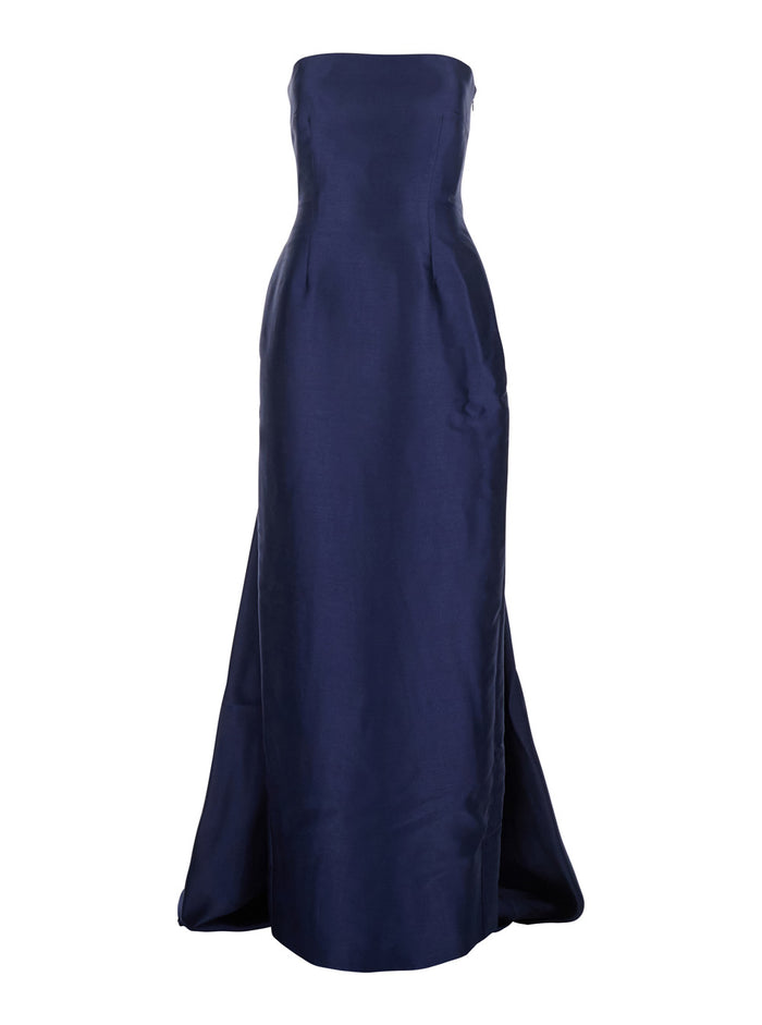 Long Dress Imani Blue with Off Shoulder and Double Layer in Womens Fabric Blu Polyester Elastane