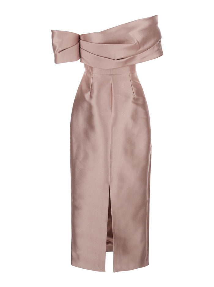 Long Dress Mirla with Off Shoulder Design and Back Vent in Pink Fabric for Women Polyester Elastane