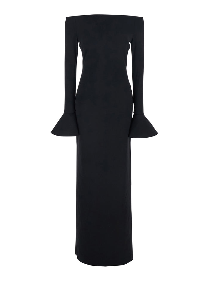 Long Dress Anica with Square Neckline and Flared Cuffs in Black Fabric for Women Polyester Elastane