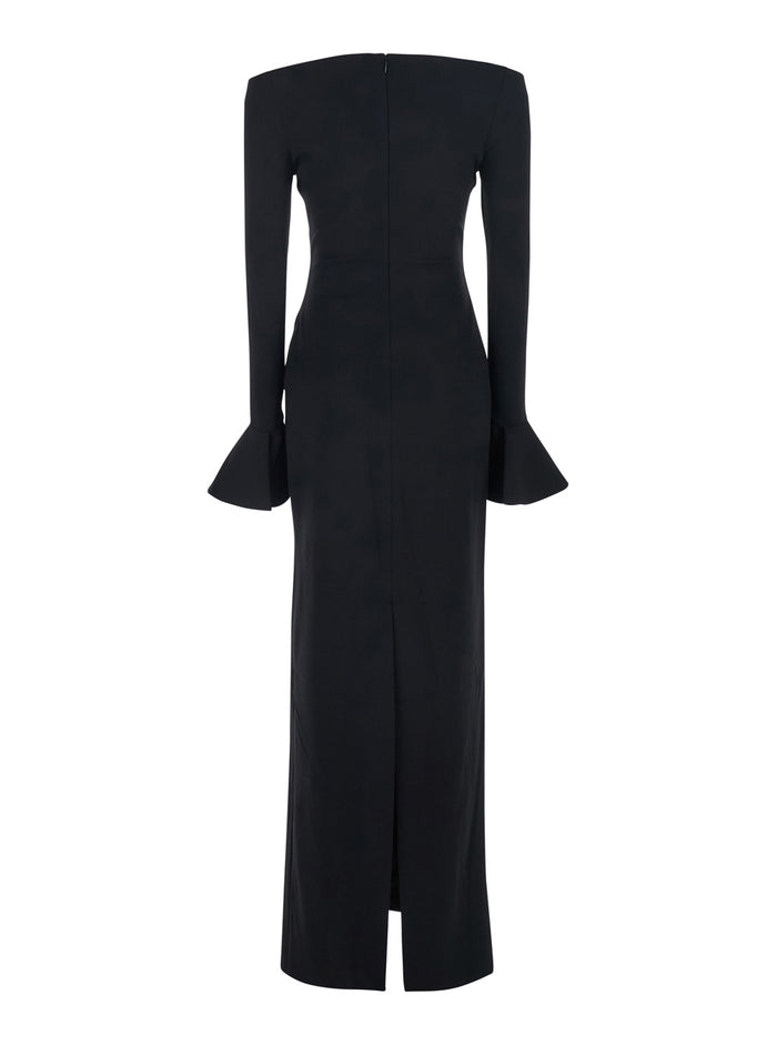 Long Dress Anica with Square Neckline and Flared Cuffs in Black Fabric for Women Polyester Elastane