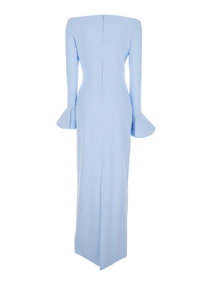 Long Dress Anica with Bell Sleeves and Off Shoulder Design in Blue Stretch Tech Fabric for Women Light Polyester Elastane