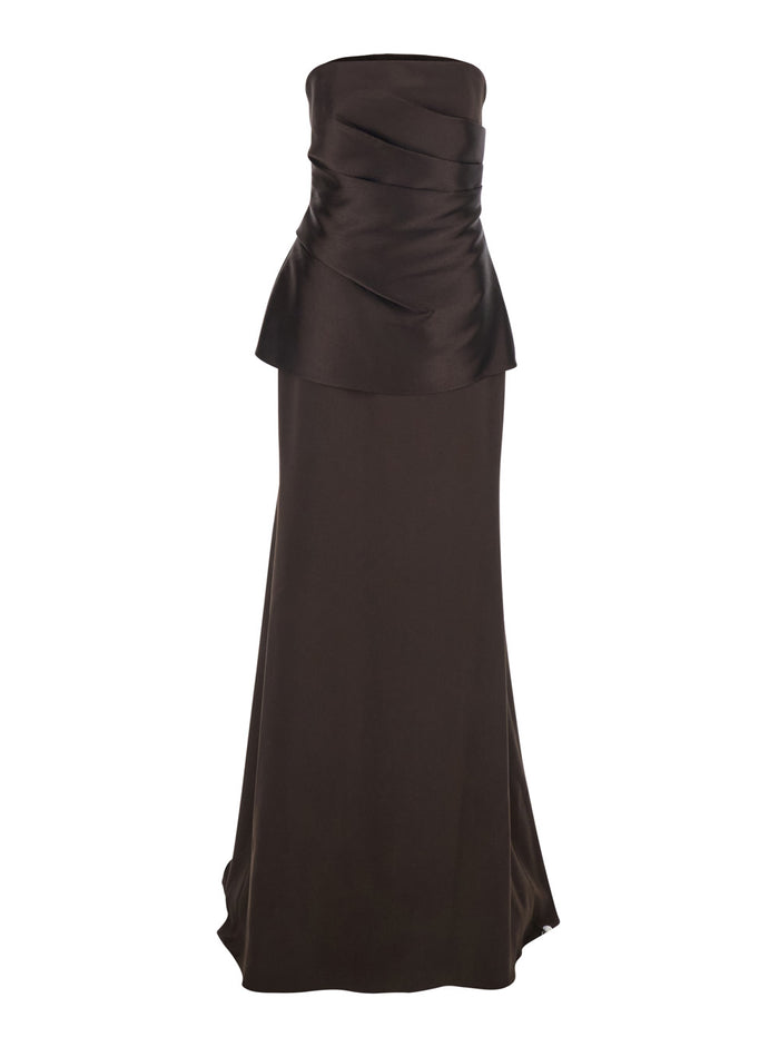 ALIA MAXI DRESS - Brown Long with V-neck and Sleeves Made of Polyester Women Elastane