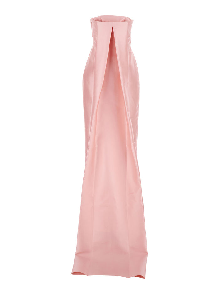 KIKI MIDAXI DRESS Pink Long with V-neck and Pleated Details in Polyester Women Elastane