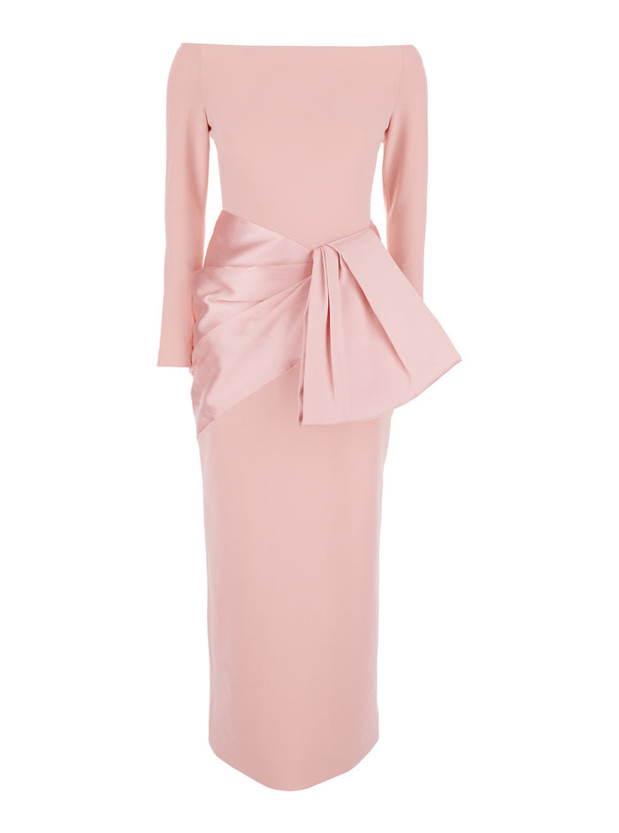 RHIANNE MIDAXI DRESS - Pink Long with V-neck and sleeves In Tech Fabric Women Polyester Elastane
