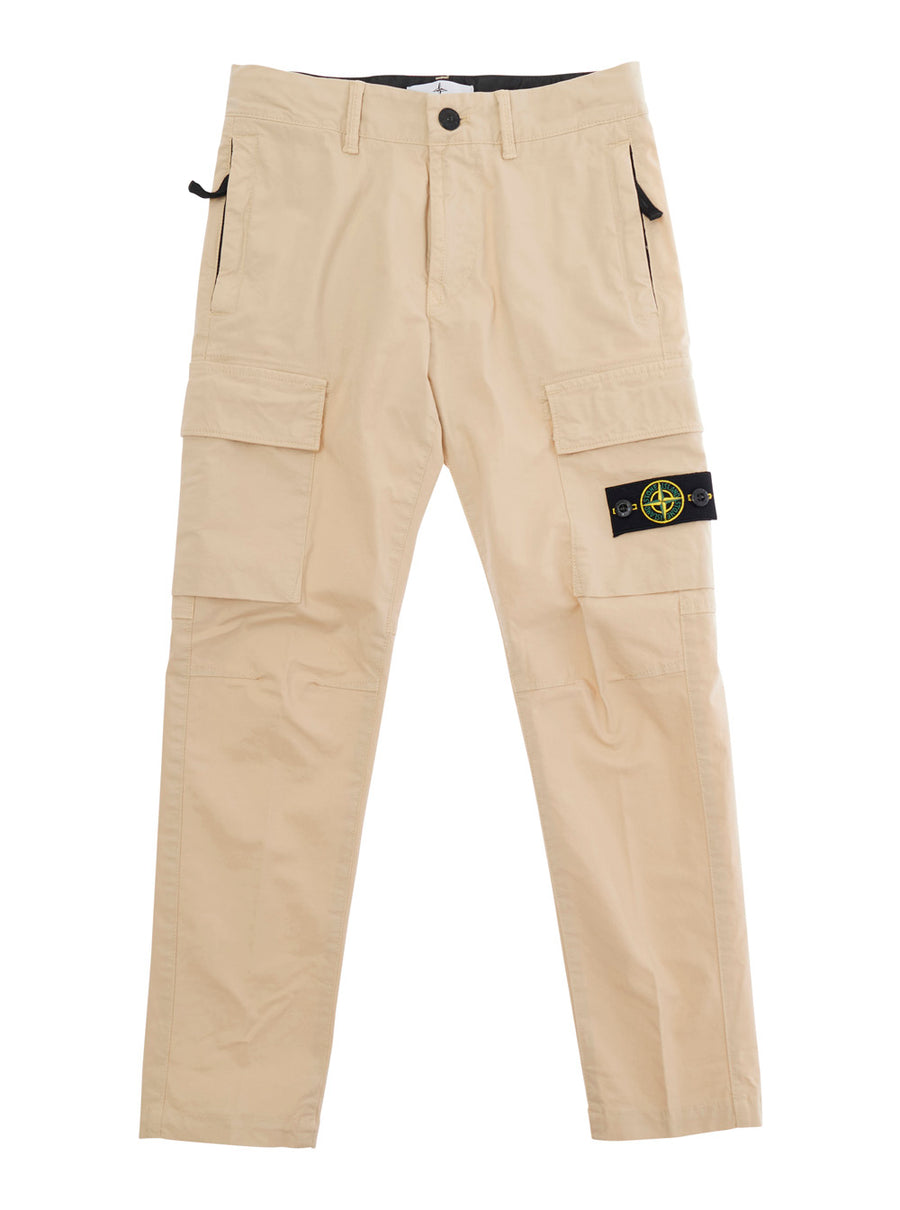 Pants With Logo Patch, Beige Cotton Trousers
