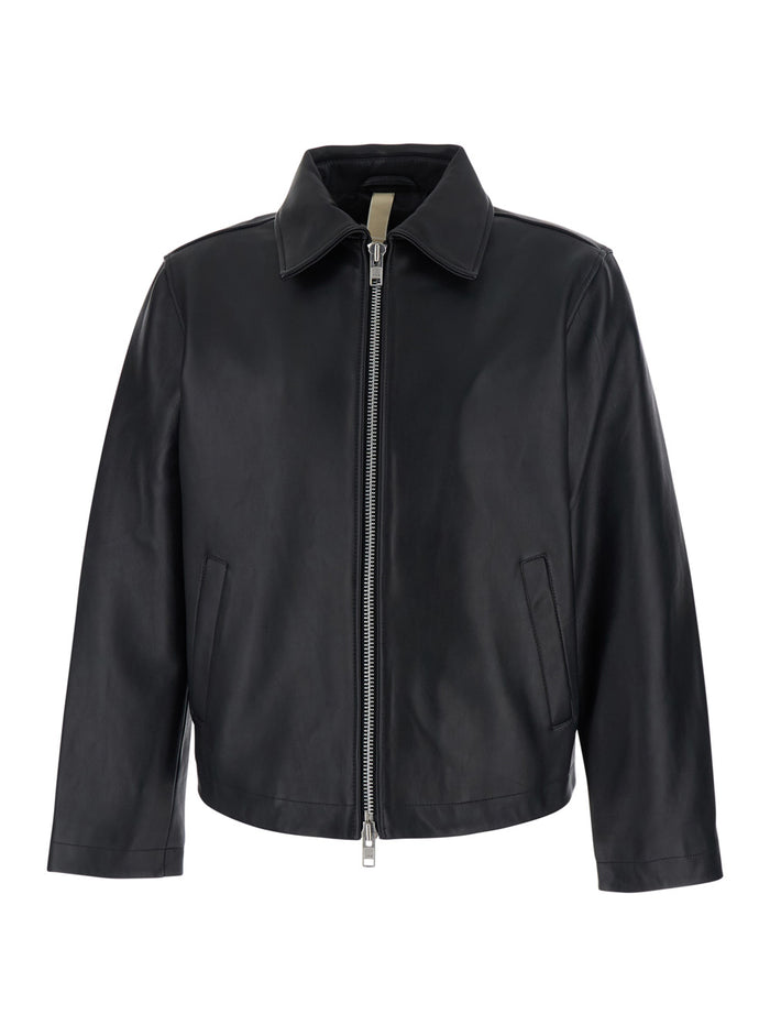 Mens 6027BLACK Crop Jacket with Classic Collar and Dropped Shoulders in Black Leather Outerwear