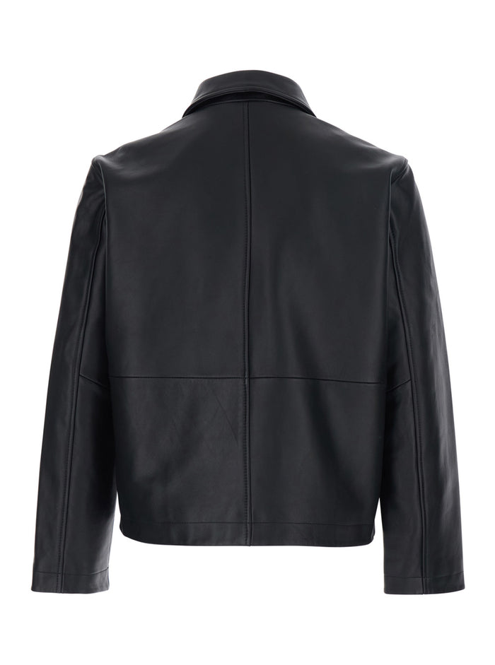 Mens 6027BLACK Crop Jacket with Classic Collar and Dropped Shoulders in Black Leather Outerwear