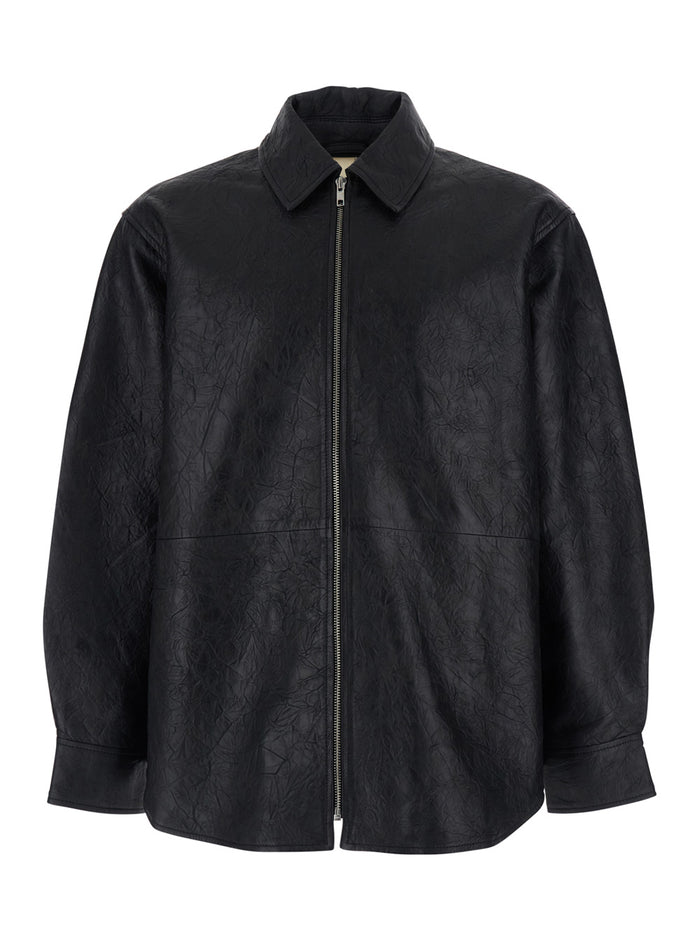 Jacket 6046BLACK with Classic Collar and Crinkled Effect in Black Leather for Men Outerwear